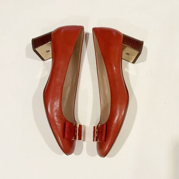 Tory Burch Bow Leather Pump Brown Size 7.5 2” Block Heel Quiet Luxury Classic - Picture 4 of 10